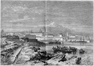 View of the city of Catania at the foot of the volcano Etna. Sicily, Italy