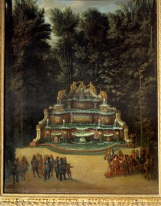 View of the fountain of the Water Buffet in the gardens of the Grand Trianon in 1713. In the foreground: Louis XIV at the Promenade by French School