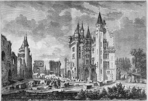 View of the restoration work of the Chateau de Pierrefonds, organized by Eugene Viollet le Duc, during the visit of Napoleon III and the Impress Eugenie de Montijo. Oise