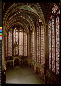 View of the stained glass windows in the upper chapel by French School