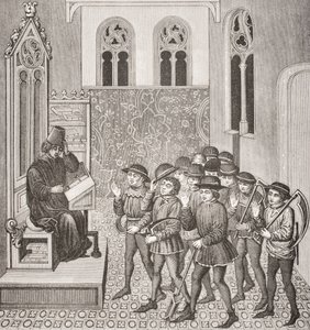 Villains receiving their Lords Orders before going to Work, after a miniature in a 15th century manuscript, from Le Moyen Age et La Renaissance by Paul Lacroix (1806-84) published 1847 by French School