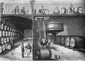 Viticulture: internal view of the cellars and workshops of M. P. Morel and F. Sourzac in Bordeaux, Gironde