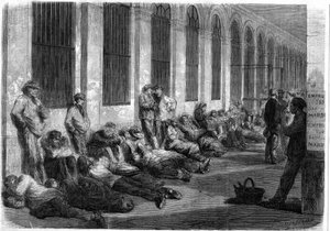 War of 1870: Parisians lining up in front of the Ministry of Finance to subscribe to the national loan to finance the war. Scene depicting the day before the opening of the windows by French School
