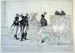 Wars of the Revolution: General Napoleon Bonaparte holding a map of Italy (at the time of the Italian Campaign) to complete the puzzle of the territories conquered by France. On the left, probably generals Hoche, Pichegru and Jean Victor by French School