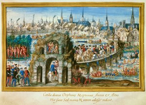 Water shows organized by the city of Rouen on the occasion of the royal entrance of King Henry II and Catherine de Medicis on 1/10/1550. Reconstitution on the left of a village of Indians in Brazil