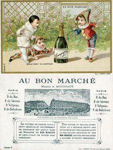 What Luck! a Bottle of Champagne; front and reverse of a promotional card for the Bon Marché Department Stores in Paris, c.1895 by French School