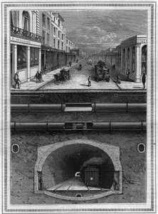 What is under the pavement of London (Great Britain): Gas pipe, water pipe, pneumatic tube for waste, drains, tunnel and rail line for metropolitan areas. Engraving in 