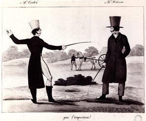 Who will win? Scene of the duel between M. Cintre and M. Bolivar, c.1820 by French School