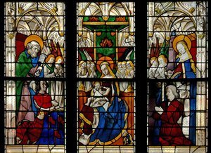 Window depicting the Virgin and Child Enthroned: also the donors with their patron saints (St Peter and St Barbara) by French School