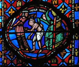 Window Ew-L depicting a scene from the Prodigal Son story: he is thrown out by the courtesans