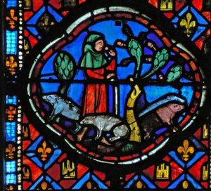 Window Ew-L depicting a scene from the Prodigal Son story: he looks after pigs and thinks by French School