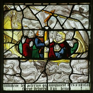 Window depicting Saint Nicholas saving pilgrims from being shipwrecked in a storm by French School