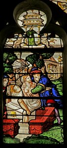 Window depicting Suzanne being molested while bathing by French School