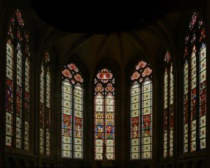 Window depicting a view of east chapel: the central three windows are modern but the others belong to the late thirteenth century by French School