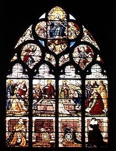 Window depicting the Assumption of the Virgin and the donors, the Marshal of Montigny and his wife, Gabrielle de Crevent, from the Chapel of the Baptismal Fonts, 1619 by French School