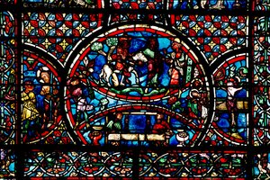 Window depicting the Good Samaritan and the Guild of Weavers