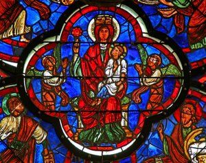 Window depicting the Virgin holding Christ on her knee and a rose in her right hand (detail) by French School