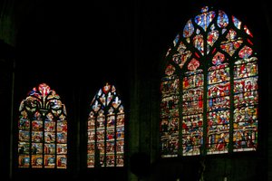 Window depicting the east end of the church with the main east window in the center by French School