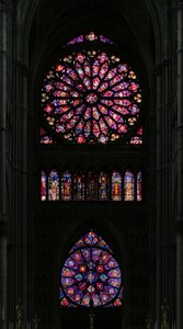 Window depicting the west end of the cathedral with the two rose windows
