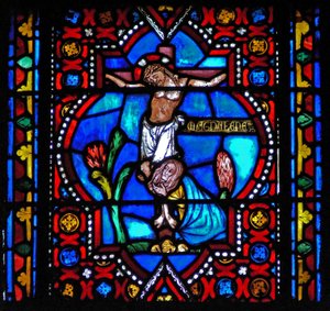 Window n1-L depicting a scene from the life of St Mary Magdalene - the saint at the foot of the Cross by French School