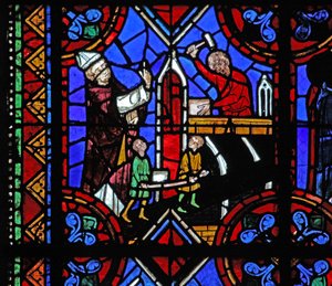 Window depicting the constructing of a church by French School