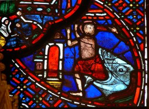 Window depicting Jonah emerges from the whale by French School