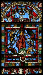 Window depicting the crucifixion of St Peter by French School