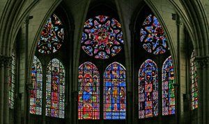 Window w100 depicting a view of the clerestory windows at the east end of the choir of the cathedral by French School