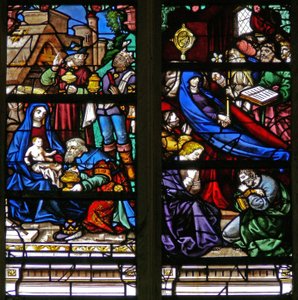 Window depicting the Adoration of the Magi and the death of the Virgin