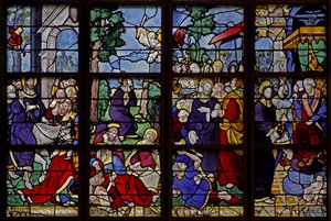 Window depicting 4 scenes: the Entry into Jerusalem, In Gethsemane, the Betrayal, Before Caiaphas