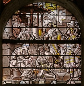Window w10 depicting the Adoration of the Magi (designs by Durer and adaptations of the Master of Des designs for the Story of Psyche)