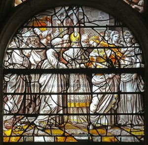 Window w10 depicting the Mystic Marriage of the Virgin (designs by Durer) by French School