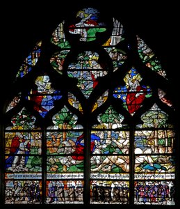 Window w120 depicting the Creation and members of the Confrérie de Charité by French School