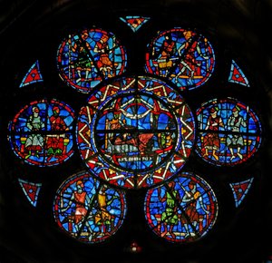 Window w121 depicting Solomon surrounded by knights