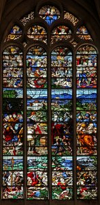 Window depicting Abraham and Melchisedek; St James in battle with the Moors in Spain; scenes from the life of St James by French School