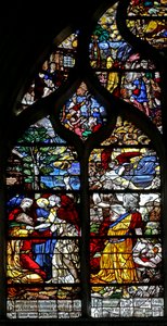 Window w126 depicting Abraham receives three visitors; Abraham attempts to sacrifice Isaac by French School