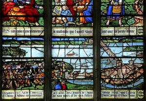 Window depicting Building the bridge over the Seine by French School