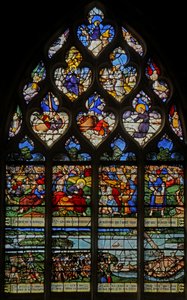 Window depicting the Feeding of the 5000; a local scene of building a bridge by French School