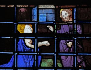 Window depicting St Barbara in prison with Christ