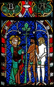 Window w17 depicting Adam and Eve try to hide their nakedness by French School
