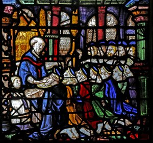 Window depicting the Brotherhood of the Holy Sacrament take Communion by French School