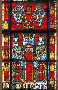 Window depicting a castle and flags with fleur-de-lis by French School