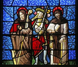 Window depicting St Dominic and St Francis with a chevalier holding a sword