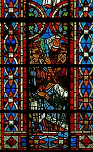Window depicting the Birth of St Helen: A Doctor Attends
