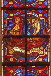 Window depicting St John sails to Patmos by French School