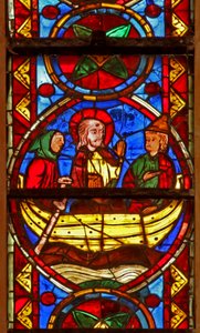 Window w213 depicting a scene from the life of St Thomas: Thomas goes to India with Abanes by French School