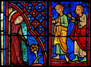 Window w21 depicting St Mary the Egyptian as a prostitute with her clients
