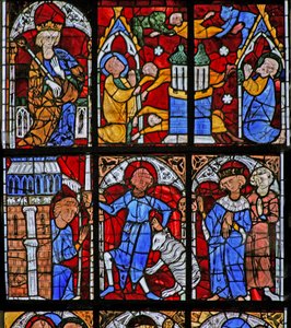Window depicting a scene from the life of St Peter: Simon Magus tries to fly; changes himself into a sheep by French School