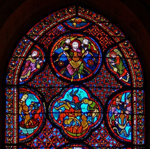 Window w23 depicting the Parable of Dives and Lazarus: the top section by French School