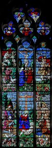 Crucifixion with St Hubert and St Christopher; Below is the Donor Louis de Roncherolles and Wife Francoise de Halluin with St Louis and St Francis (Window W25) by French School